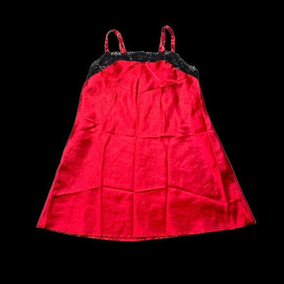 Red satin and black lace trim slip dress size medium - Picture 2 of 4